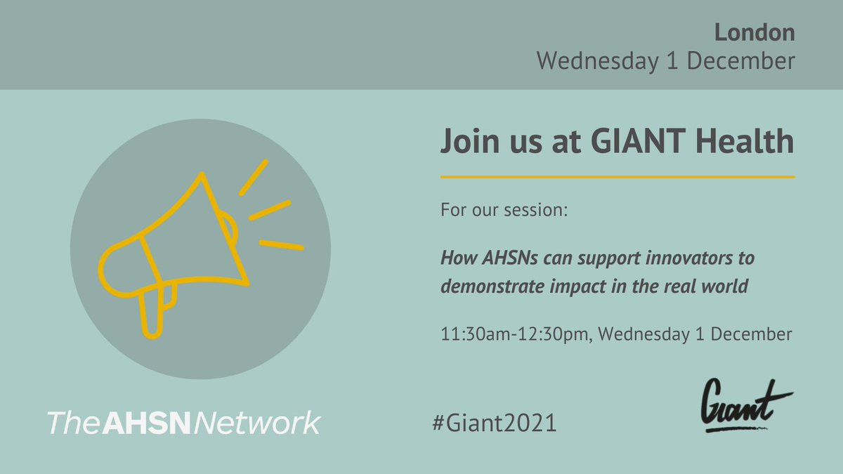 Hear from experts from <a href="/CievertLtd/">Cievert</a>, @GetUBetter, @Brain_in_hand &amp; <a href="/MyWayDigital/">MyWay Digital Health</a> at the <a href="/GIANT_health/">GIANT Health Event</a> event on December 1, discussing the role #AHSNs can play in supporting innovators to demonstrate impact in the real world. 

Find out more: giant.health/real-world-evi…

#GIANT2021