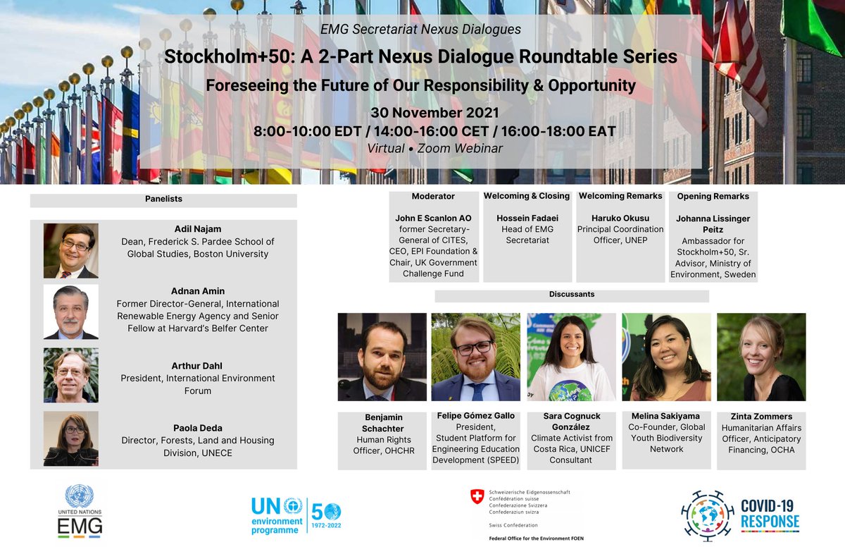 Stockholm+50 will be an opportunity to highlight the environmental dimension of sustainable development and accelerate the implementation of international commitments in the context of the Decade of Action, the Multilateral Environmental Agreements, the Sustainable Development Goals as well as other UN initiatives, such as the Decades for Ocean Science and Ecosystem Restoration, including in the context of a sustainable recovery from the COVID-19 pandemic. The international meeting will also provide a platform to: take stock of the system-wide efforts undertaken by the United Nations in addressing the environmental agenda since the 1972 Stockholm Conference; reflect on related achievements and results; and develop future perspectives for coherent, coordinated action in going beyond planetary crises for the prosperity of a healthy planet, for all. 

MORE: https://unemg.org/stockholm50-nexus-dialogue-series/