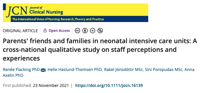 jclinnursing's tweet photo. Parents, friends and families in neonatal intensive care units
@RFlacking (Dalarna University 🇸🇪), Helle Haslund-Thomsen (@aalborg_uni 🇩🇰), @Rakelperlaj (@Landspitali 🇮🇸), Sini Poropudas & @AnnaAxelin (both @UniTurku 🇫🇮)
https://t.co/xTbZmyHlS6
@Wiley_Nursing
#NeonatalICU https://t.co/18Dc9pEX2j