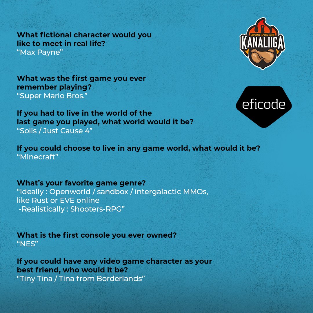 Eficode's tweet image. Last but most definitely not least, introducing our fourth Kanaliiga gamer Clem (@OverDark)! 💙
Clem’s official title at Eficode is Senior DevOps Consultant, but in Kanaliiga he is known for his determined and fearless style in CoD! 
#esports #kanaliiga #humansofeficode