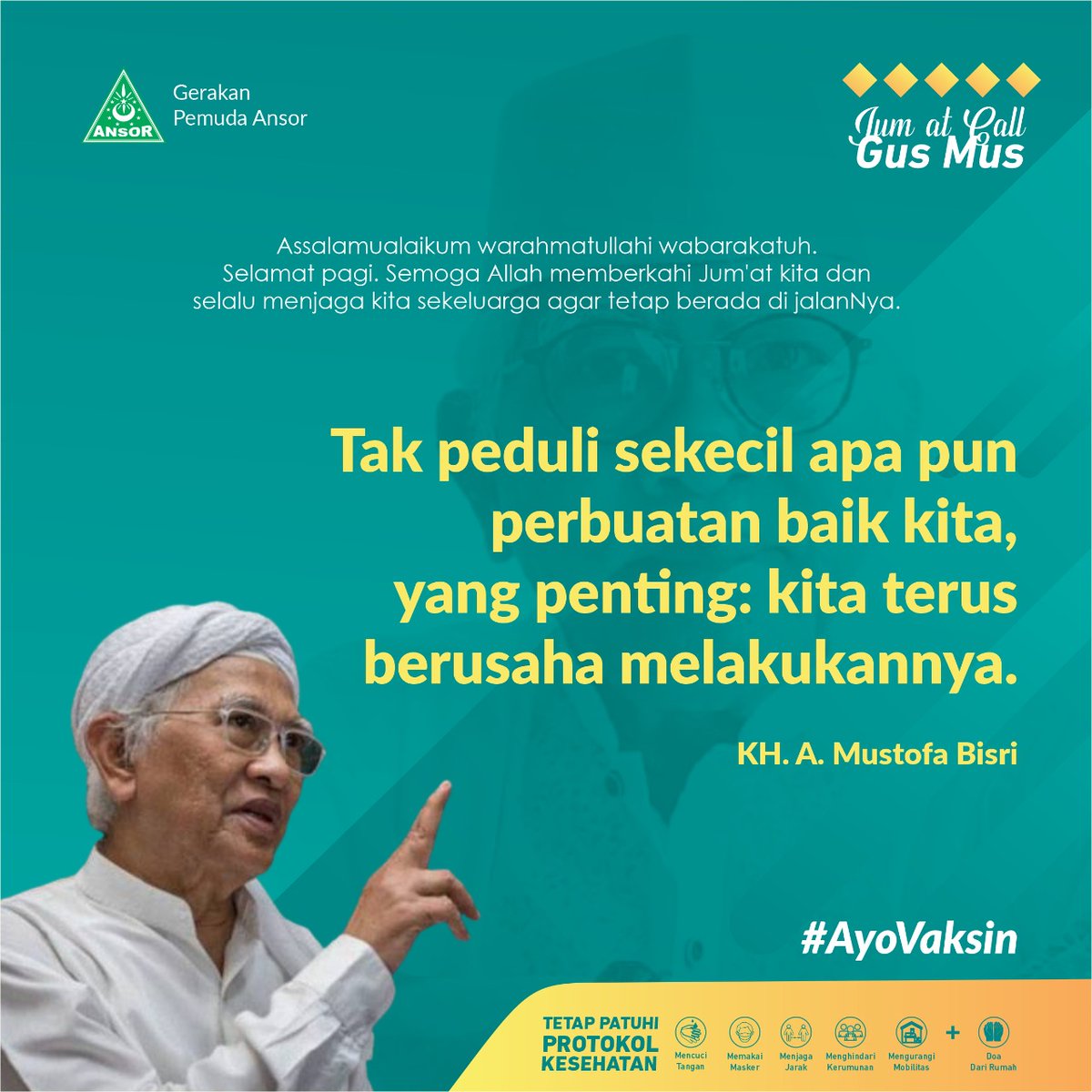 Assalamualaikum warahmatullahi wabarakatuh. Selamat pagi. Semoga Allah memberkahi Jum'at kita dan selalu menjaga kita sekeluarga agar tetap berada di jalanNya.
⚘
JUM'AT CALL: Tak peduli sekecil apa pun perbuatan baik kita, yang penting: kita terus berusaha melakukannya.