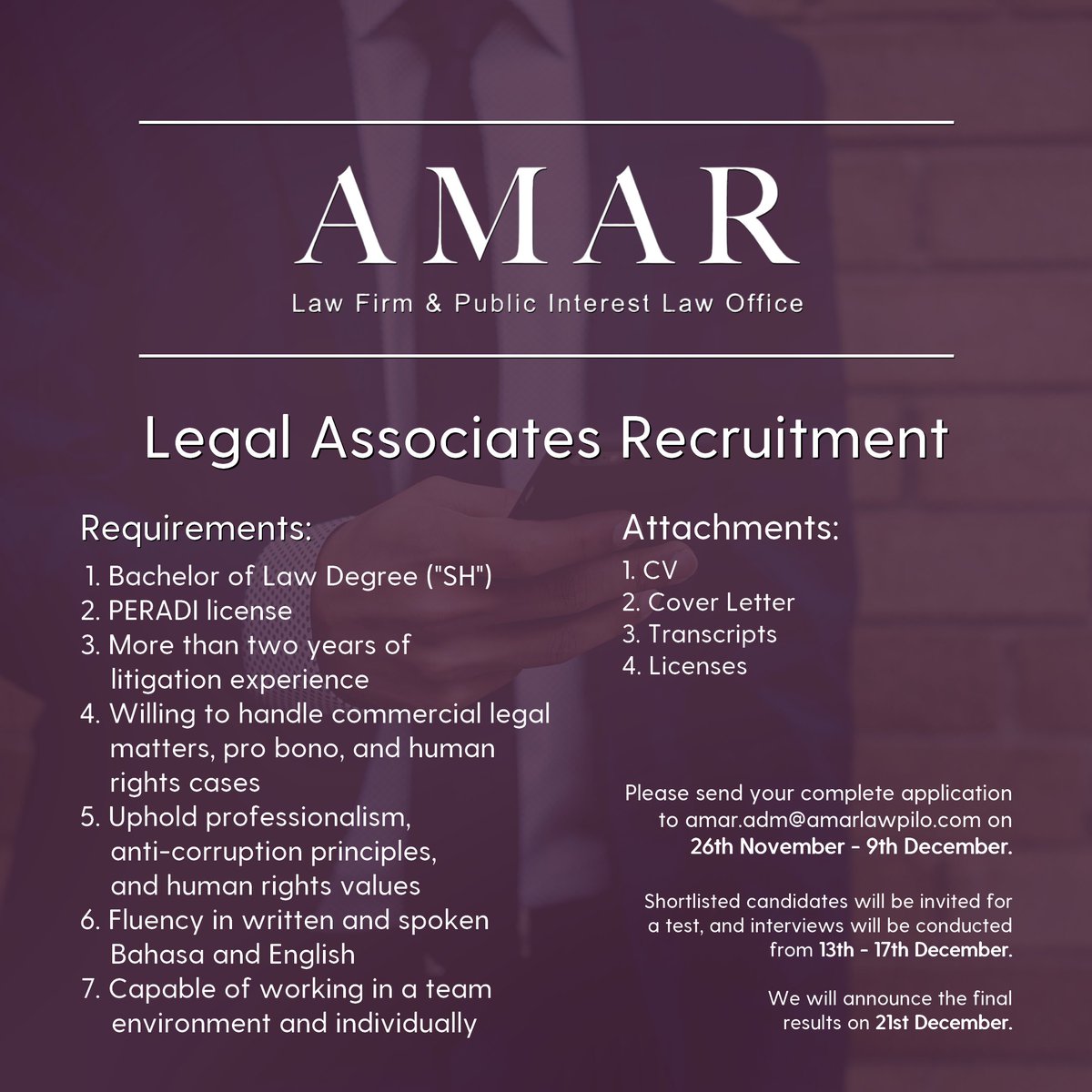 We would like to announce that AMAR Law Firm &amp; Public Interest Law Office is currently looking to recruit legal associates. Please send your complete application to amar.adm@amarlawpilo.com on 26th November - 9th December.
#lawfirm #amarlawfirm #amarlawfirmpublicinterestlawoffice