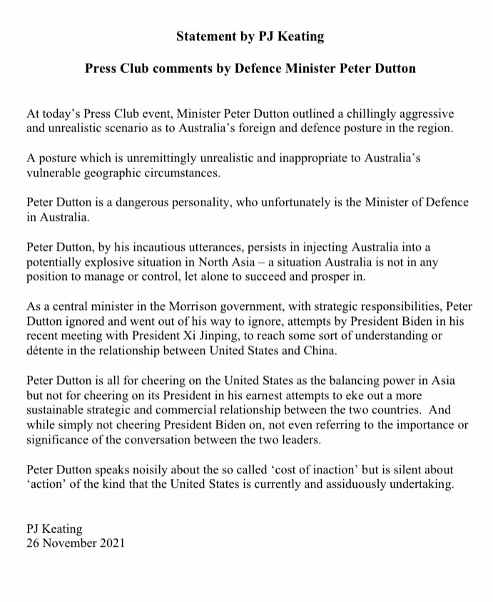 Statement by #PaulKeating in response to Defence Minister Peter Dutton’s speech to the National Press Club today. #auspol