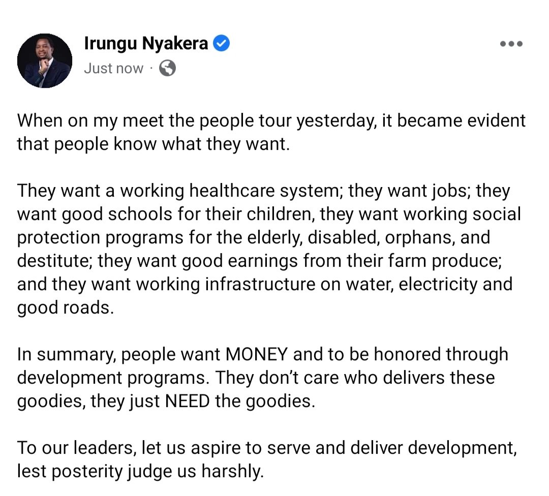 People want MONEY and to be honored through development programs. They don't care who delivers these Goodies, they just need them.

I therefore call upon fellow leaders to serve and deliver development.