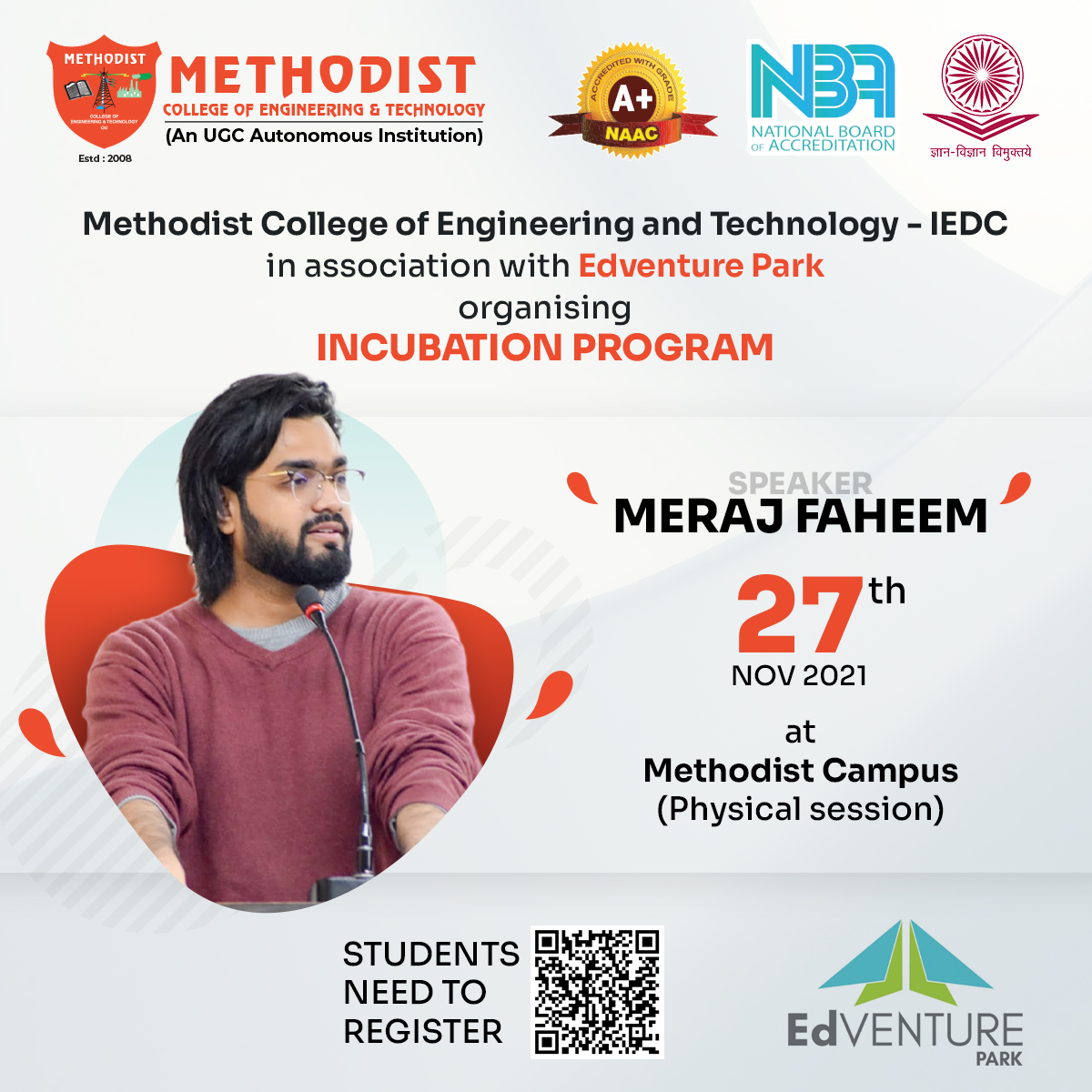 MCETHyderabad's tweet photo. On 27th September 2021 MCET - IEDC in association with Edventure Park is organising Incubation program. Scan the QR Code to register 
Visit Here : https://t.co/5XdPSzQBHo

#EdventurePark #IEDC #IncubationProgram
#PhysicalSession #Engineering #MethodistCollegeOfEngineering https://t.co/8beSUqgMZj