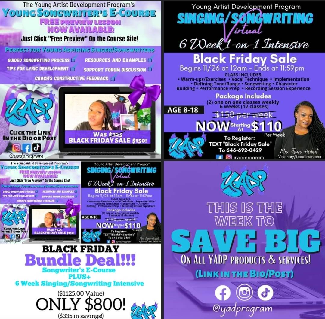 yadprogram's tweet image. IT'S BLACK FRIDAY!!!!! Save up to $335 on Singing and Songwriting products and services for your young creative! THE GIFT THAT KEEPS ON GIVING! Link: linktr.ee/yadprogram