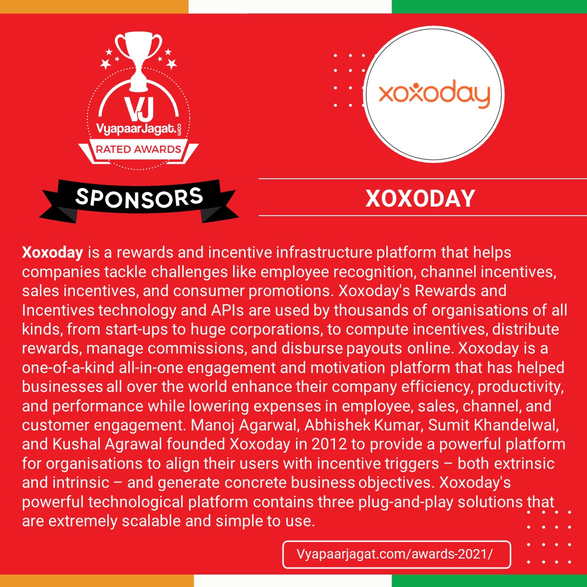 VyapaarJagatcom's tweet photo. We would like to say THANK YOU XOXODAY for being our Silver Sponsor.
Gratitude for your support!
#MeraVyapaarMeriPahechan #PartnerWelcome #vyapaarjagat #vjca2021 #awards2021 #vyapaarjagatawards #businessawards https://t.co/ekNncEWD9G