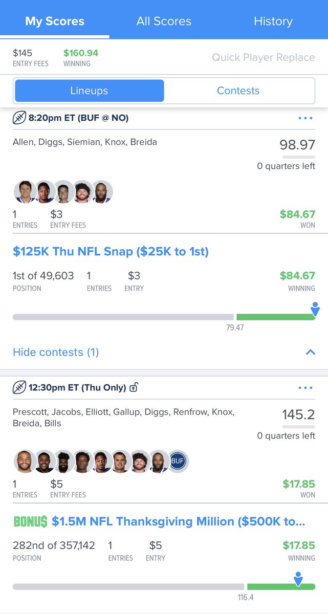 PerfectPicksDFS's tweet image. Thanksgiving might be our favorite #NFL slate of the year. We were close on main & did have Jackson in lines, just not our best sadly. Of course, we won the showdown slate, but so did everyone else 😂! We’ll take the small profit goin into a big #DFS weekend tho, DM to join us!