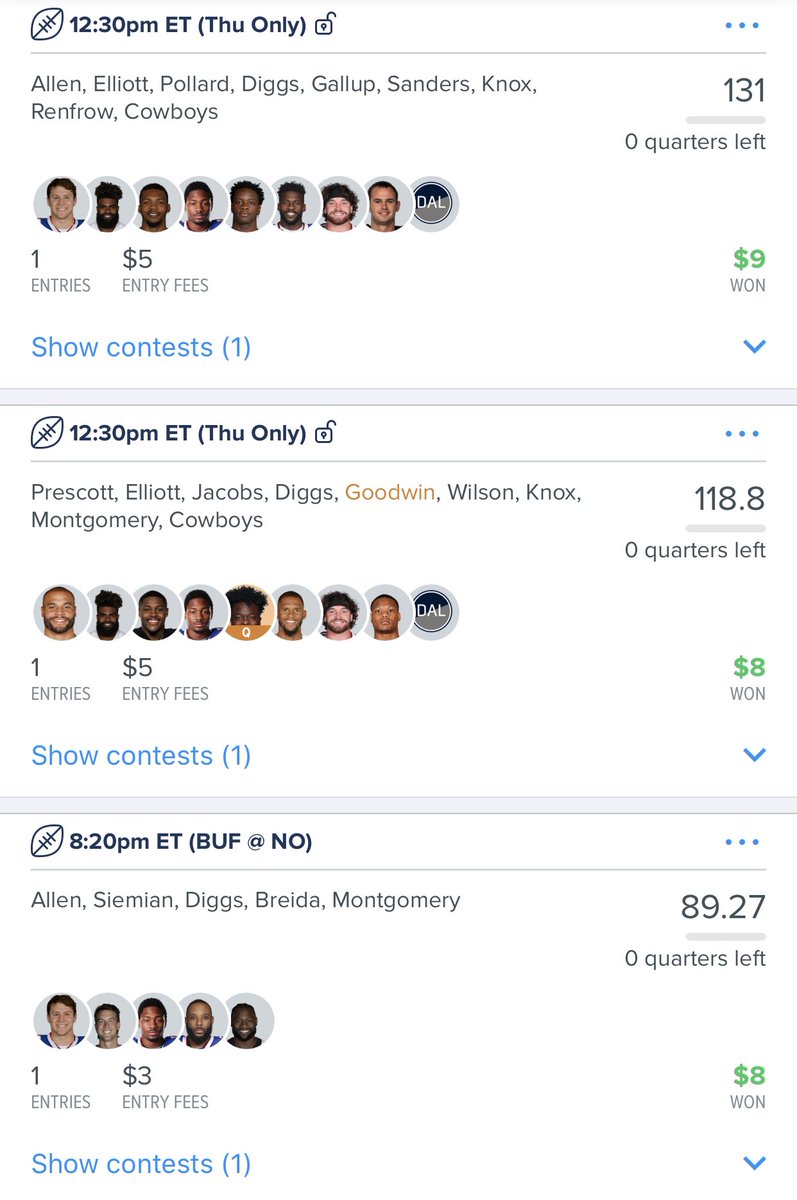 PerfectPicksDFS's tweet image. Thanksgiving might be our favorite #NFL slate of the year. We were close on main & did have Jackson in lines, just not our best sadly. Of course, we won the showdown slate, but so did everyone else 😂! We’ll take the small profit goin into a big #DFS weekend tho, DM to join us!