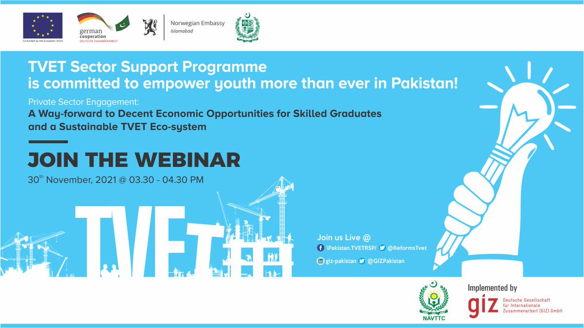 The TVET Sector Support Programme is committed to empowering the youth of Pakistan, now more than ever, by regularly arranging online webinars on informative topics. Attend our live webinar and learn from highly qualified professionals.
#skillsforjobs #VocationalTraining