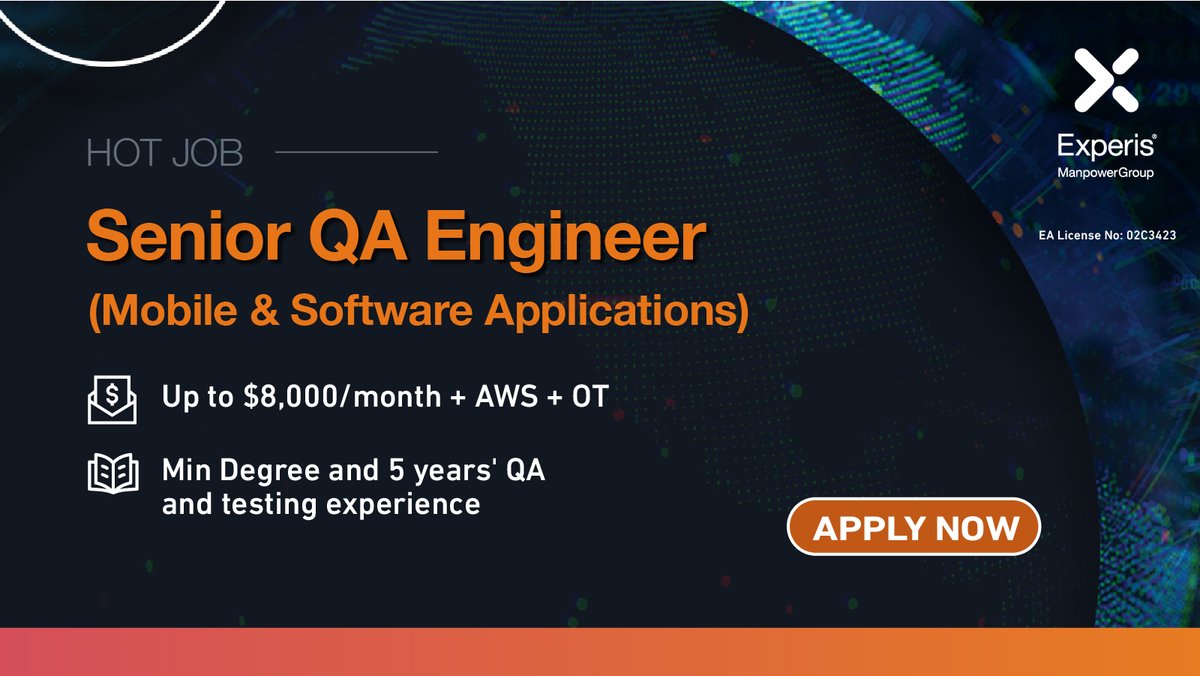 ExperisSG's tweet photo. Senior QA Engineer (Mobile & Software Applications) | Experience in testing Android, iOS Mobile apps and APIs | More Info/To Apply: https://t.co/POD5i8GKSX
#ExperisJobs #hiring #jobsearch #ITjobs #techjobs #bigdata #hotjobs #techrecruitiment #applynow #QAengineer #appengineer https://t.co/gjjVc2Wxcn