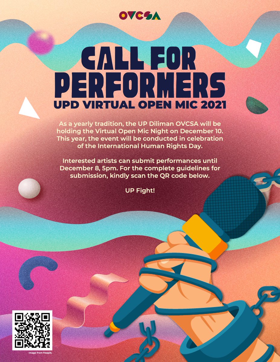 updilimanovcsa's tweet photo. #CallForPerformers: Open Mic Night 2021
This year, the Open Mic Night will be held online in celebration of the Int'l Human Rights Day.
Interested artists can submit their performances until Dec 8, 5pm.
For the complete guidelines, visit https://t.co/yw14pinRZj.
#TindigTinig https://t.co/NhWW6gkaEG