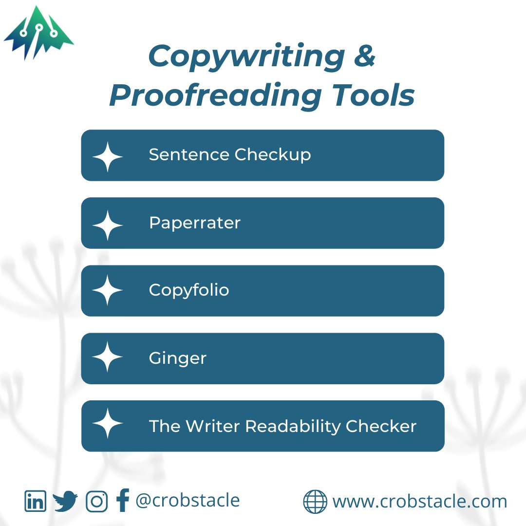 crobstacle's tweet photo. The most popular tools are Grammarly, Hemingway Editor, and Wordtune, but many others can make copywriting easier and more efficient for you!
For a better workflow, try these copywriting and proofreading tools.
Follow @crobstacle for more such content.
#CopywritingTool https://t.co/rbUMjpsJzj