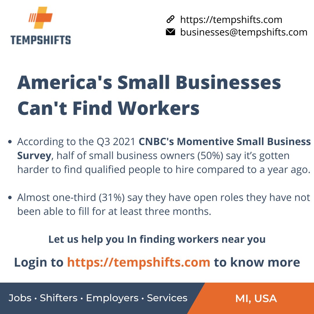 America's Small Businesses can't find workers post pandemic.

Make your hiring easier with Tempshifts.

#hiring #needworkers #lookingforworkers #lookingforjobs #jobs #shifters #cafe #restaurants #cnbc #SmallBusinesses #tempshifts