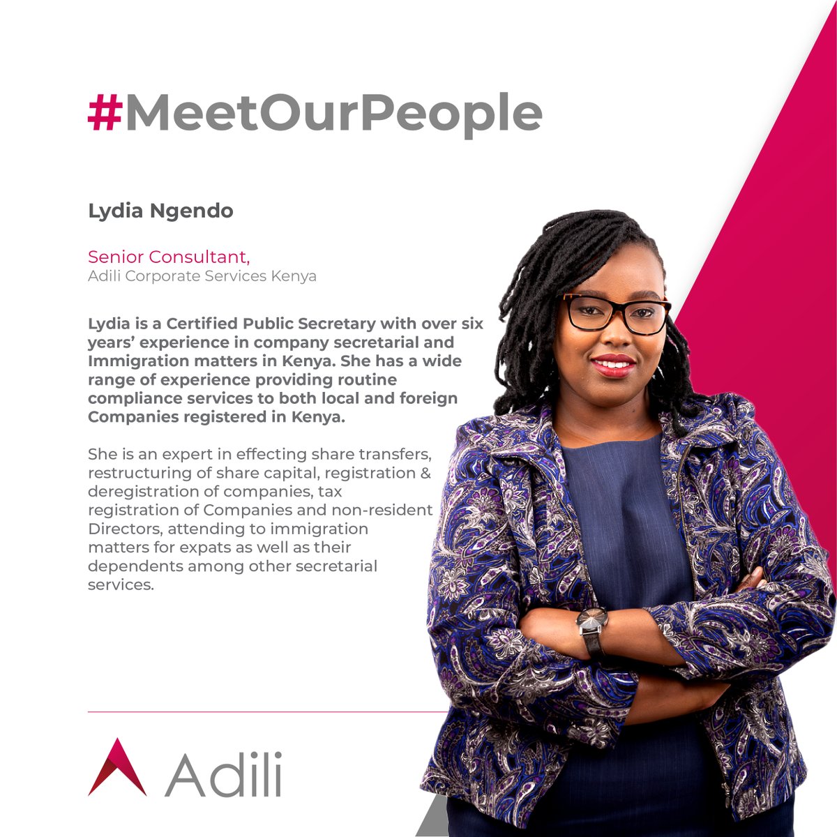 #MeetOurPeople- Lydia Ngendo is a Senior Consultant in our Kenya 🇰🇪office. You can read more about her below.