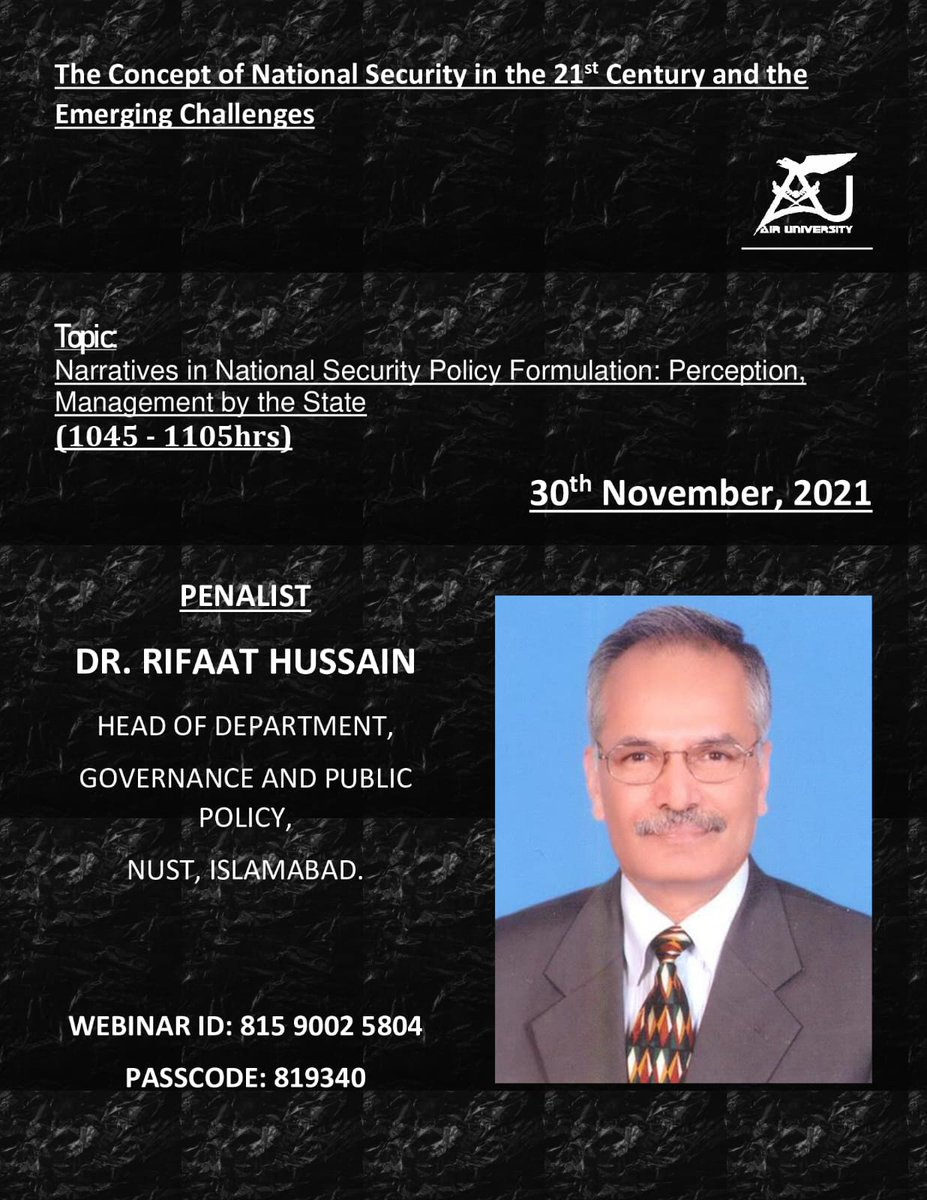 ayesha_ajm's tweet image. Meet our Participants of First Panel for #IntCon #DASSS #FASSS #AU📢🔜

"The Evolving Concept of National Security in the 21st Century"
(1000 - 1130hrs)

@aizaz1101 
Dr.Salma Malik
@RifaatHussain7 
@adilsultan 

📌NOV 3o