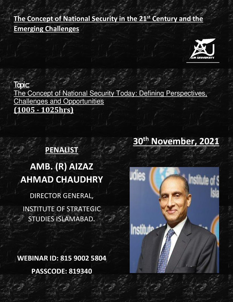 ayesha_ajm's tweet image. Meet our Participants of First Panel for #IntCon #DASSS #FASSS #AU📢🔜

"The Evolving Concept of National Security in the 21st Century"
(1000 - 1130hrs)

@aizaz1101 
Dr.Salma Malik
@RifaatHussain7 
@adilsultan 

📌NOV 3o