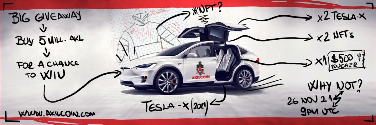 🔥 AKIL Giveaway!
BUY 5bnb for chance to win a TESLA X 😱

Winners announced November 26th 9:00 UTC. 
✅1st 2021 Tesla X
✅2nd 2021 Tesla X
✅3rd NFT worth 50K USD
✅4th NFT worth 50K USD
✅5th $500 voucher for Akil Shop

Buy: Akilcoin.com 
TG t.me/TheAkilCoin