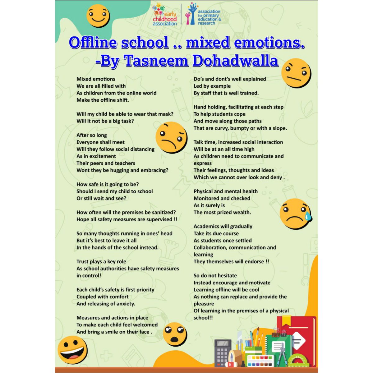 Tasneem Dohadwalla has beautifully captured the emotions of every parent and child about school reopening.  
A must read. Please share.