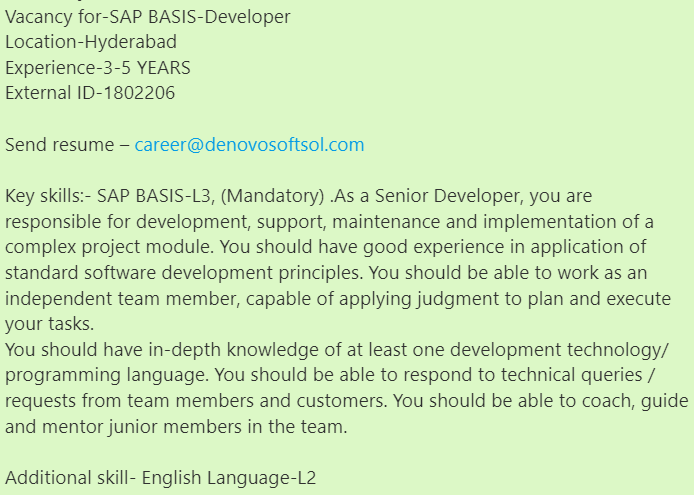 denovosoftsol's tweet photo. #denovojobs #denovo
Vacancy for-SAP BASIS-Developer
Location-Hyderabad
Experience-3-5 YEARS
External ID-1802206

Send resume – career@denovosoftsol.com
#SAPBasis  #sapservice #seniordeveloper #sapserver #sapmodule #saphana #sapabap #javaprogramming #linux #oracle #oracledatabase https://t.co/9mtdsGnZTX