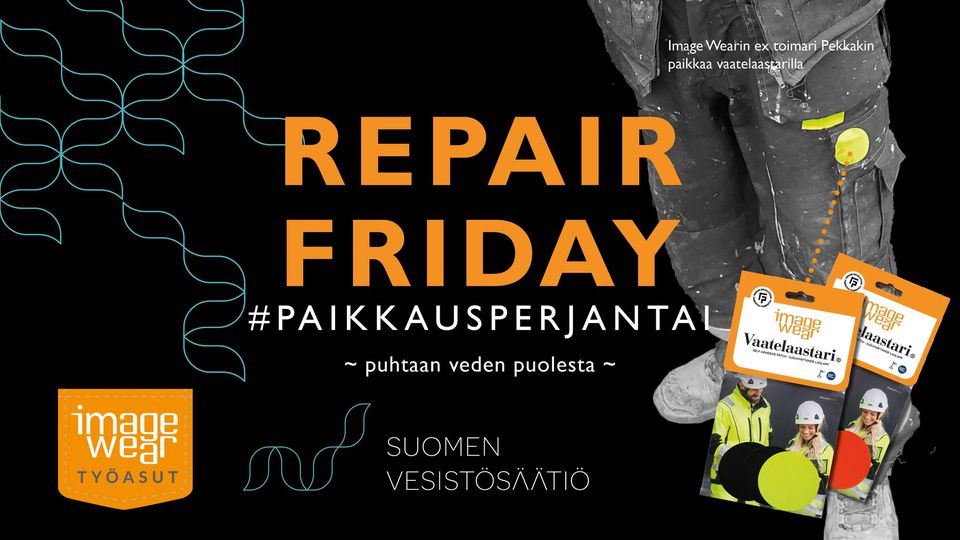 #imagewearoy ja Suomen vesistösäätiö aloittavat yhteistyön #puhtaanvedenpuolesta. #BlackFriday'n sijaan myymälöissä &amp; verkkokaupassa on tänään #RepairFriday eli #PaikkausPerjantai. Lahjoitamme Vaatelaastarit kaupan päälle ja 1 % vesistösäätiölle. Lisää: imagewear.fi/blog/repairfri…
