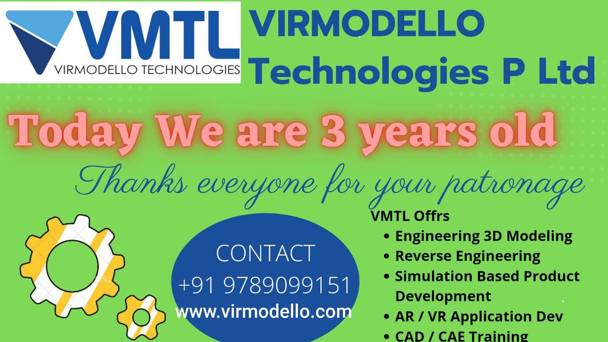 salemviswa's tweet photo. @virmodello Technologies an ISO 9001:2015 Certified Co completes 3 succesful years. wish them all success. @CDIIC1 
 #3dmodelling #simulation #engineeringanalysis #productdevelopment #designvalidation #ar #vr #cad #cae #fea #cfd #aerodynamics #thermal #defence #iit #training https://t.co/36hye3Zs8I
