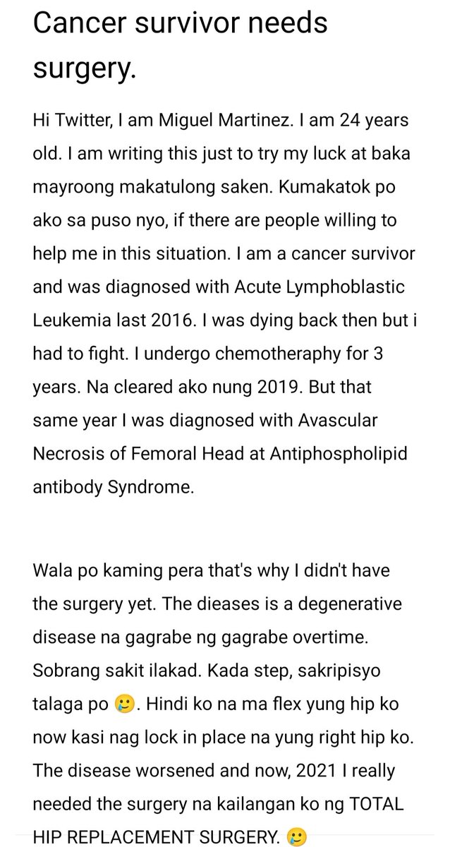 Meggymartz97's tweet photo. @lenirobredo Ma'am VP Good day po, I am Miguel Martinez, 24, Cancer Survivor. patulong naman po kahit konti lang po. Di po ako maka send ng PM eh. Sana ma notice man lang sa Twitter. 😭 https://t.co/oUDU1cmg6X