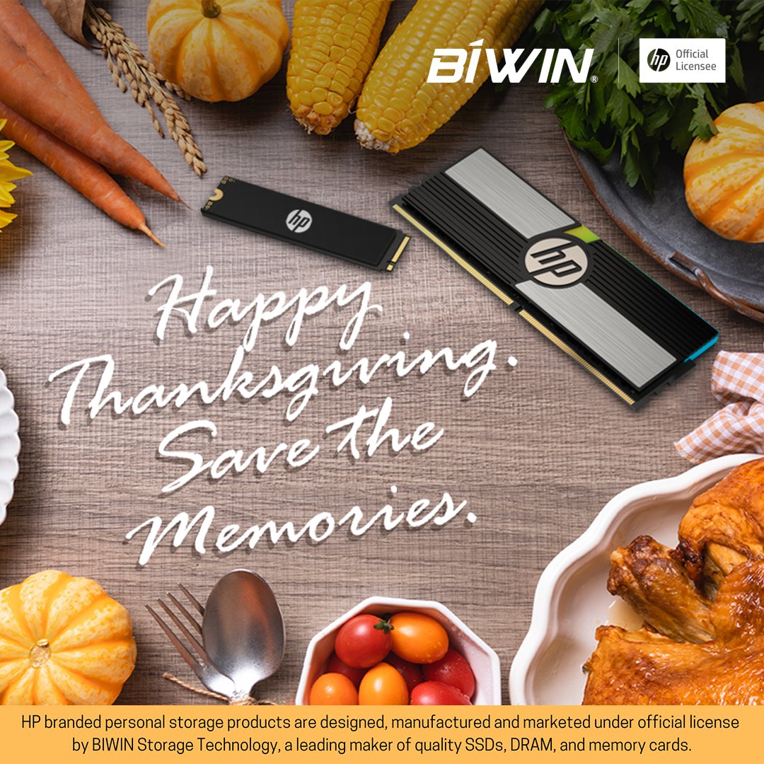 BiwinEurope's tweet photo. Have a great holiday 🍁🦃🍂 Give thanks for your memories with family and friends-- they are precious! With HP personal storage, we help you capture more memories and our faster SSDs save you time storing and accessing your holiday favourites. Save your #Thanksgiving2021  moments https://t.co/BFYnM2G97R