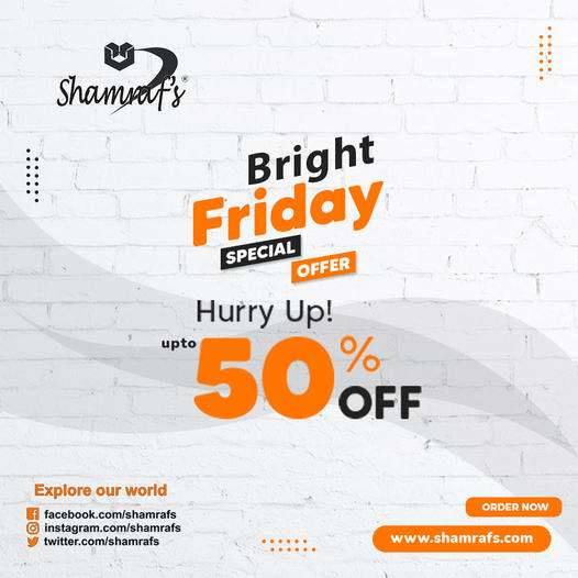 Where all you can &amp; Avail Fabulous Discounts because Bright Friday is here!!
Get Up to 50% off on entire Stitched &amp; UN Stitched Collection Shamrafs at Outlets &amp; online store: shamrafs.com
#Shamrafs #ShamrafsSALE
#ShamrafsNewArrivals #staytuned
#BlackFridayAmazon #Sales