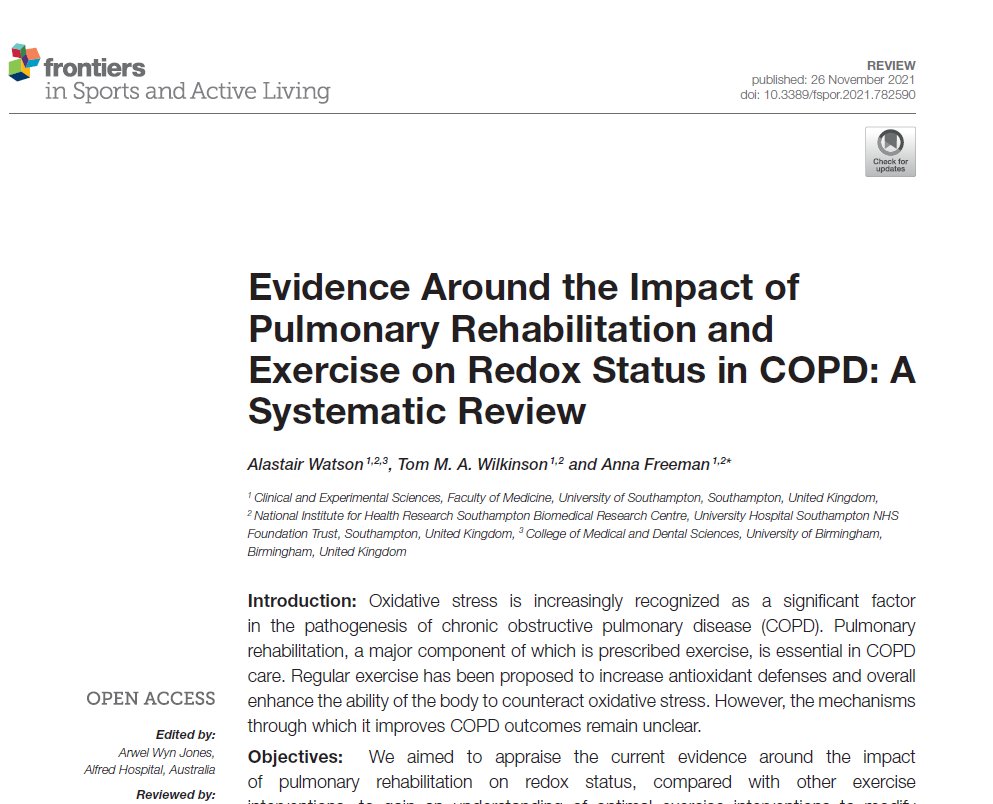 Our systematic review has now been published in Frontiers in Sports and Active Living! 
Great team work <a href="/DrAnnaFreeman/">Anna Freeman</a> and <a href="/ProfWilko/">Tom Wilkinson</a>
Read it hear: tinyurl.com/4hwwvmwv 

<a href="/wilkinson_team/">Team Wilkinson UoS</a>
<a href="/TeamImmuno/">Team Immunology</a> 
<a href="/SouthamptonBRC/">NIHR Southampton BRC</a> <a href="/UHSFT/">University Hospital Southampton 💙</a> 
<a href="/BTSrespiratory/">British Thoracic Society (BTS)</a>
#COPD
