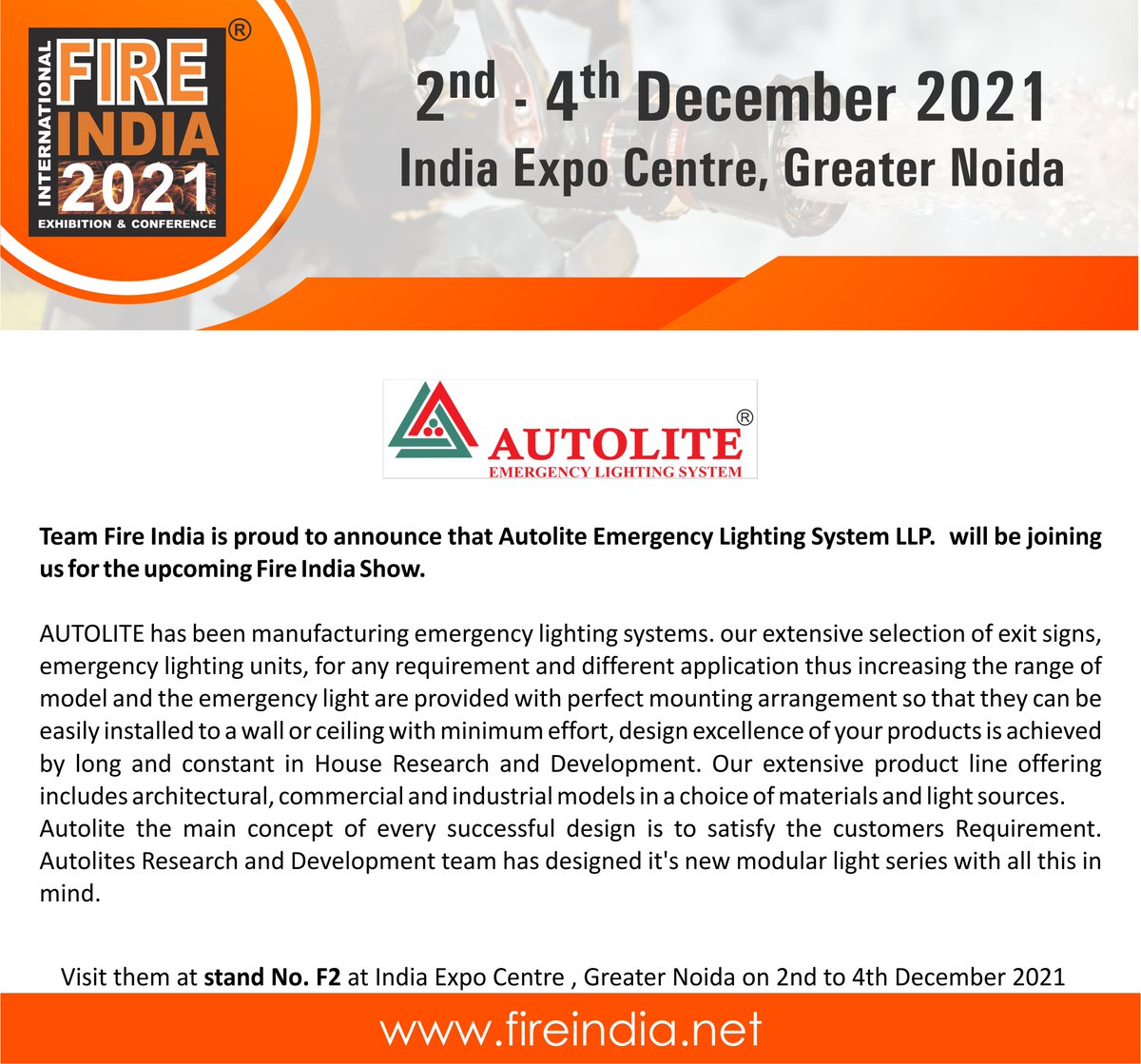 FireIndia's tweet photo. Meet Autolite Emergency Lighting System at Fire India Exhibition 2021
Register here - https://t.co/vrv8DuuJhU
#fireindia #fireindustry #firesafe #firesafety #fireprevention #firefighting #firedepartment #firerescue #manufacturer #emergencylightingsystem #exitsigns #tapes https://t.co/dPKbIUzAMC
