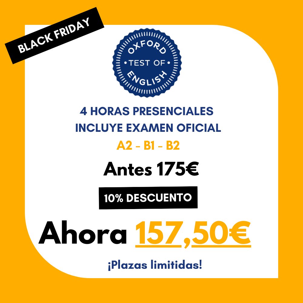 MainforEnglish's tweet photo. ¡Consigue más por menos! Aprovecha nuestras ofertas del Black Friday de formación + examen y certifica tu inglés antes de que acabe el año. Válido hasta 28/11: https://t.co/1oQNMDS6vR 
#Inglés #Oxfordtestofenglish #oxford #toeic #OTE #clasesdeingles #blackfriday2021 https://t.co/in794NFZes