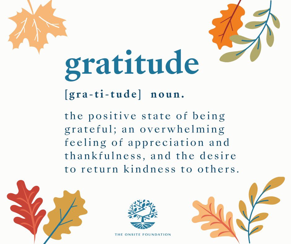 This Thanksgiving, we are grateful for all of our alumni, clinicians, and donors who make it possible to continue to help people find emotional freedom. We are also grateful for our Board of Directors who have led the Onsite Foundation to new heights this year.