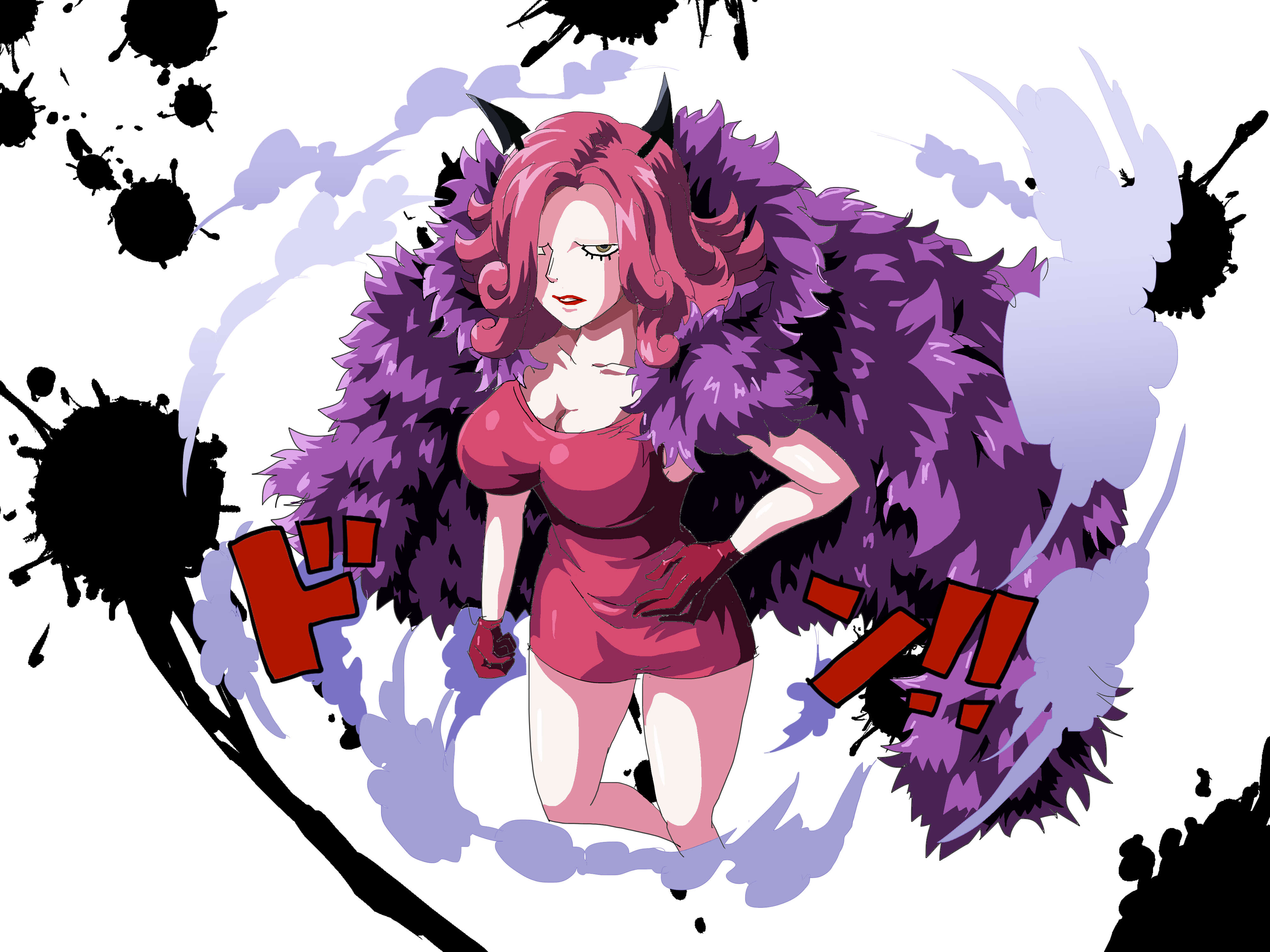Iq Art イラスト Animangals No 367 458 ワンピース シャーロット ガレット シャーロット家18女 万国 トットランド バター大臣 カールした髪に悪魔のような角が特徴 赤いミニスカワンピースを着用し ドフラミンゴのようなフサフサな