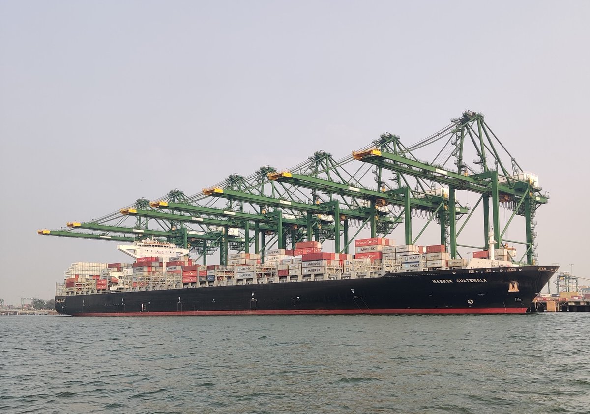 PSAIndia1's tweet photo. 7 QC operations yesterday on "Maersk Guatemala". From Jan-Oct 21, 40% of vessels were off schedule but 80% of those were berthed on arrival : playing our part to keep India's EXIM trade moving. In addition 104 ad hoc vessels handled #indiaismoving https://t.co/KsjWO7gnBU