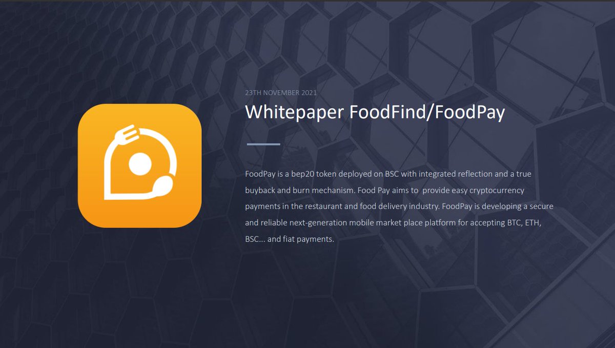 We have an announcement to make.

We have uploaded our brand new Whitepaper!! 

You can read what we are, and what we are doing, to change the future of crypto payments in the food industry! With our Foodfind Application.

Check it out!

foodfind.site/pre.pdf

#BSCGems #BscGem