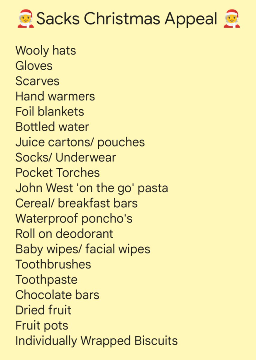 SacksSupport's tweet photo. As the festive season approaches we are seeking donations towards our Christmas Sacks of Support project.
If you can donate any of the items on the list or a pound or two please DM us. 
#payitforward 
#Lincoln 
🙏 https://t.co/xPfhEtJYHZ
