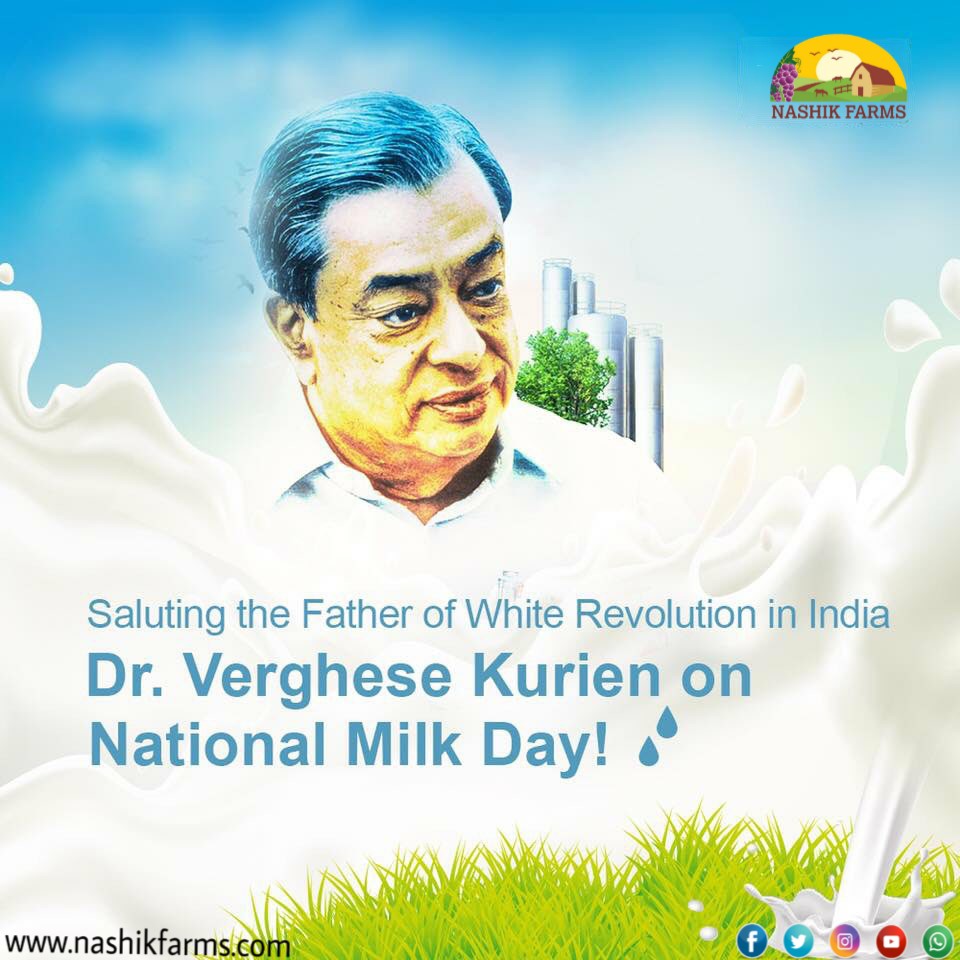 NashikFarms's tweet photo. Remembering Dr. Verghese Kurien, father of White Revolution,on his birth anniversary being celebrated as #NationalMilkDay. His "billion-litre idea" transformed India’s milk state. I salute our #Dairy Farmers for their effort in helping country to achieve self-sufficiency in Milk. https://t.co/nBGNsY0Xpk