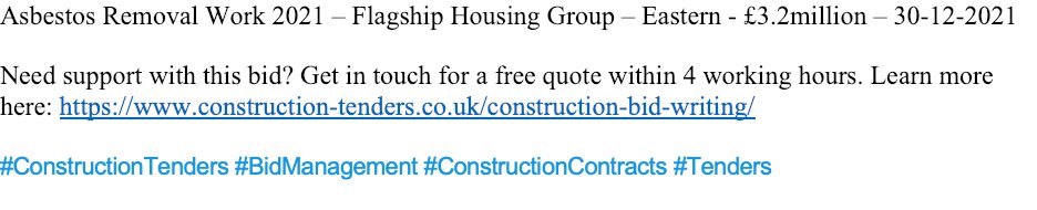 Asbestos Removal Work 2021 – Flagship Housing Group – Eastern - £3.2million – 30-12-2021

Need support with this bid? Get in touch for a free quote within 4 working hours. Learn more here: bit.ly/3kv07DL 

#ConstructionTenders #BidManagement #ConstructionContracts
