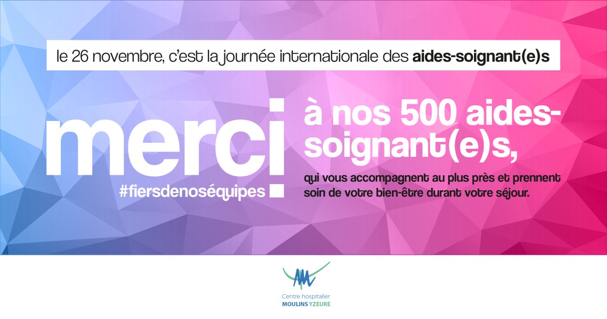 CHMOULINSYZEURE's tweet photo. [Journée internationale des #AidesSoignants]
💙💚 Merci à chacun(e) de nos 500 Aides-Soignant(e)s qui vous accompagnent au plus près et prennent soin de votre bien-être durant votre séjour à l'hôpital.
#FiersdenosAidesSoignants https://t.co/KsQqXyWUND