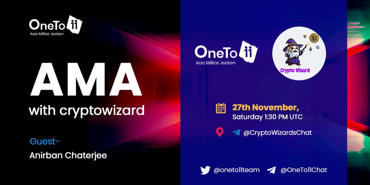Rewrdxyz's tweet photo. 🚀@wizards_crypto Community will be hosting an AMA session with OneTo11 Team. It is a great opportunity to interact and know more about OneTo11 and our vision
 
👉Featuring: Anirban Chatterjee, Co-Founder &amp; COO 
📌Venue: https://t.co/lEkBNsuVM2
 
 📆27th November,  1:30 PM UTC https://t.co/qRYRBFSgx8