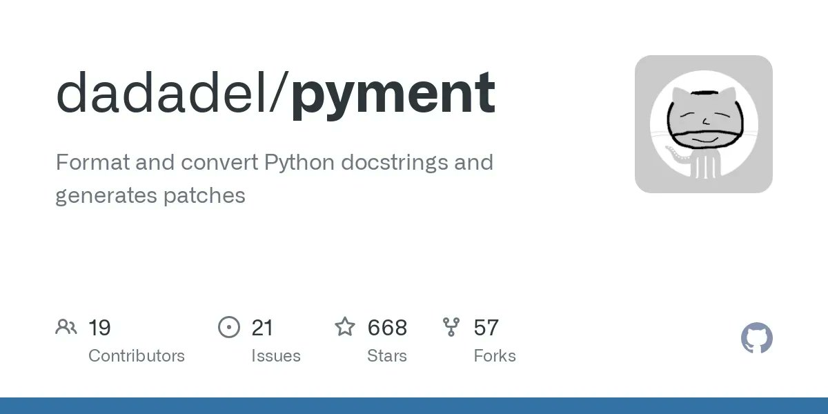 anybox's tweet photo. #Pyment 🔥 un générateur/formateur de docstrings #python 🐍 pour documenter du code existant !
👉 Lien GitHub : https://t.co/ORacp0dMmE 👈 https://t.co/jEdmaKWIgn