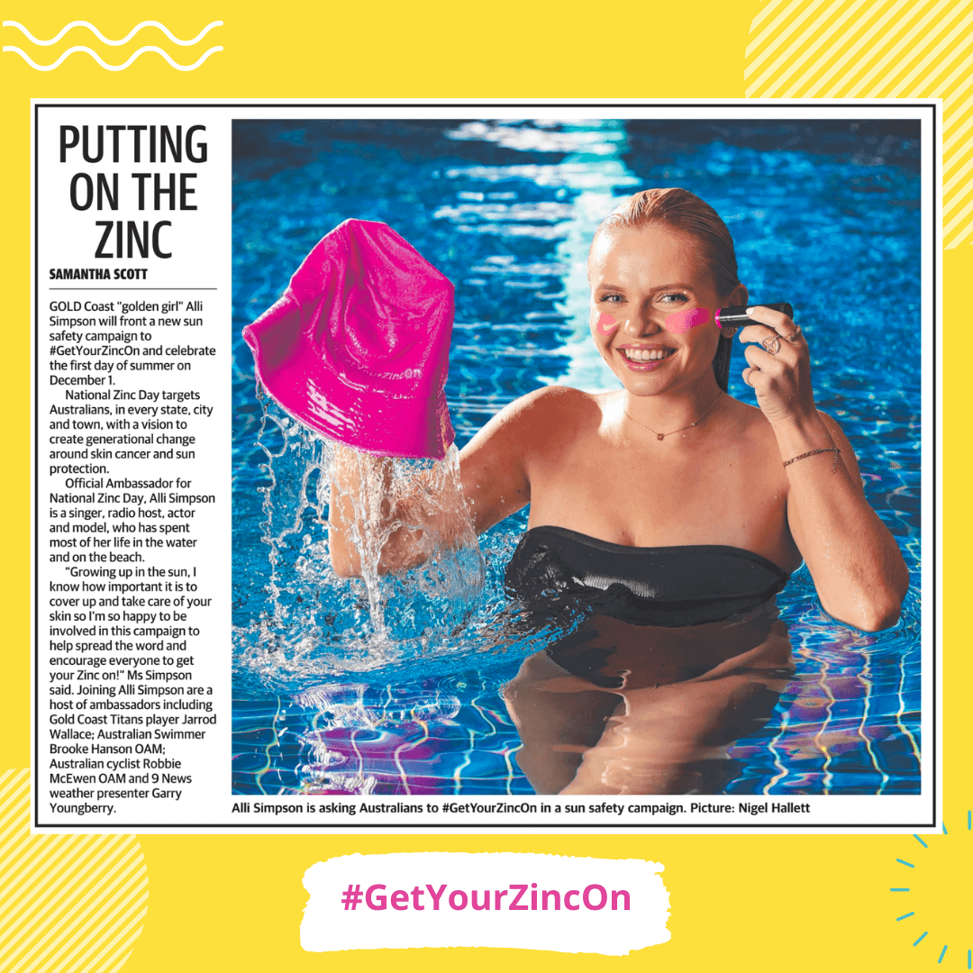 ZincDay's tweet photo. ☀️Great coverage today in @couriermail featuring #NationalZincDay Ambassador @allisimpson with message to #GetYourZincOn so we can create a generational change around skin cancer + sun protection. Visit https://t.co/kEPLvpcXoo https://t.co/TIdVLgIbXZ