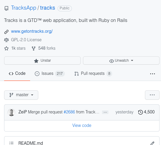 TracksApp's tweet photo. Just noticed #TracksApp reached exactly 4,500 commits for release 2.5.2 – what a coincidence!

Did you know that Tracks is an almost 17 years old software? Our first commit is from 9th Jan 2005 by @bsag!

#Tracks #OpenSource #RubyOnRails #Ruby #BirthdayComing #AncientHistory https://t.co/HhpxFuAuHr