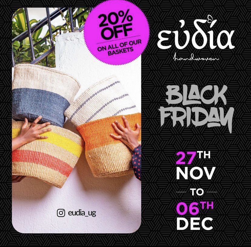 eudia_ug's tweet photo. 💃🏾Our Black Friday SALE starts tomorrow and is exclusive to our pop-up shop at Yamasen Japanese restaurant in Muyenga! 💃🏾
. Upto 20% off baskets ! DON’T MISS OUT! 😉
#BlackFriday #sustainable #shopsmallbusiness #holidayseason #BUBU #sale https://t.co/Z5Oir9FUGu