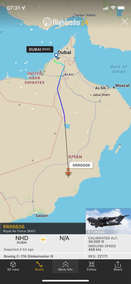 TheSnoopySnoop's tweet photo. #RRR6606 #RAF #C17A #Globemaster
#ZZ171 #43C171
Heading south over #Oman from #Minhad #UAE
#haveglass #planespotting #AvGeek #milair https://t.co/WsxS6oJaq9