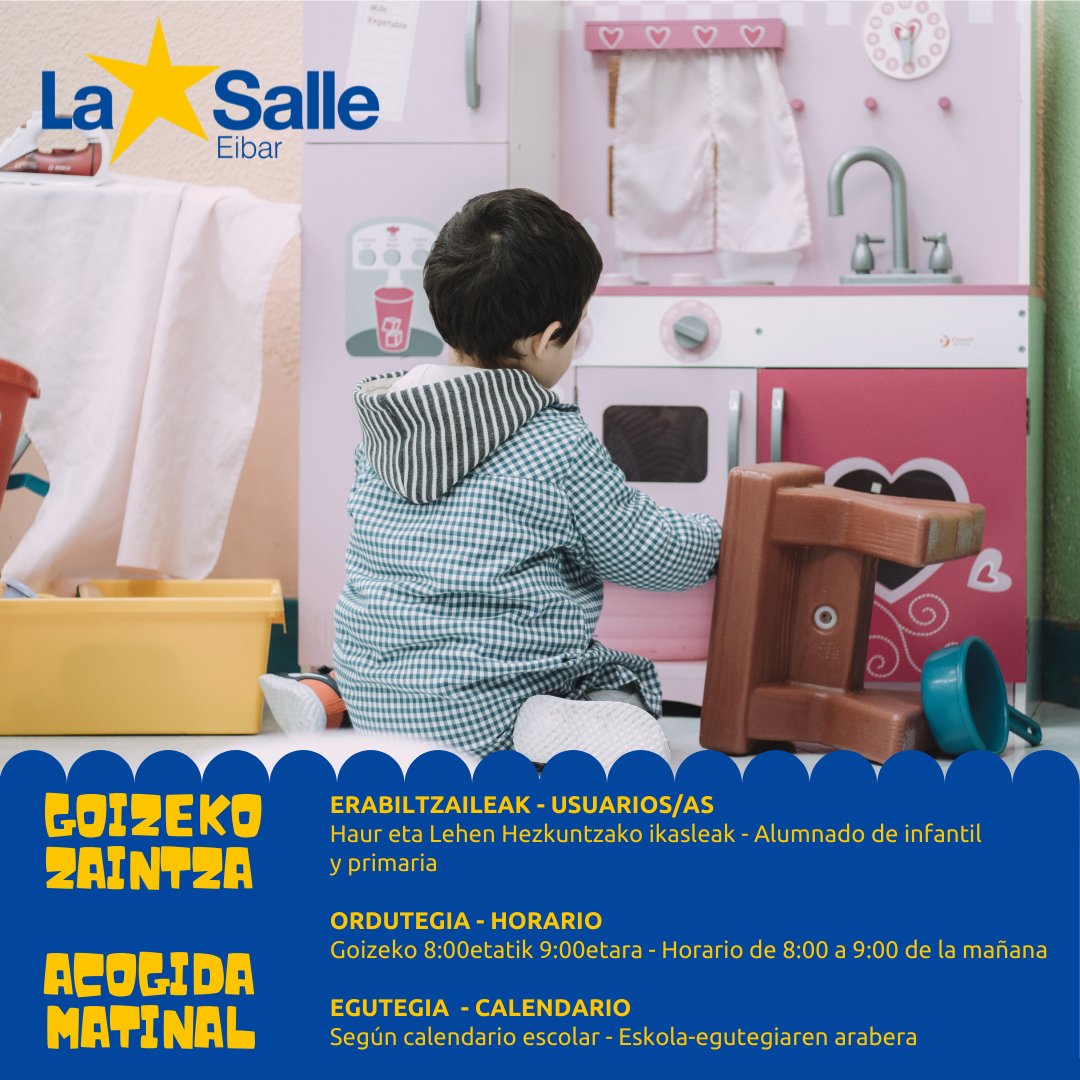 LaSalleEibar's tweet photo. Ezagutzen duzue goizeko zaintza zerbitzua?
- ¿Conoces nuestro servicio de acogida matinal? #ITBLaSalle #Eibar #Azitain #Isasi #acogidamatinal #goizekozaitza #harantzagobegira https://t.co/2d7cNHCvzP