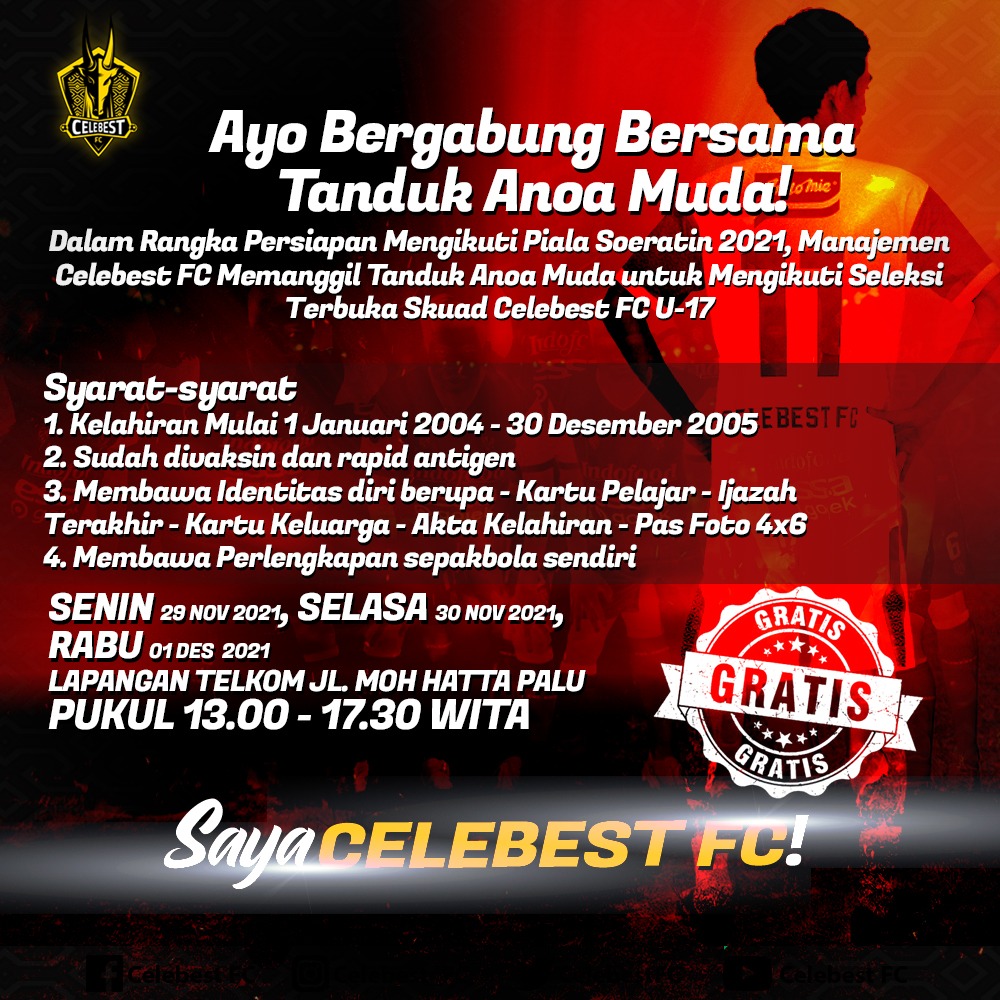 𝐒𝐞𝐥𝐞𝐤𝐬𝐢 𝐓𝐞𝐫𝐛𝐮𝐤𝐚 𝐓𝐚𝐧𝐝𝐮𝐤 𝐀𝐧𝐨𝐚 𝐌𝐮𝐝𝐚‼️
Ayo bergabung menjadi Tanduk Anoa Muda Celebest FC U-17 dalam rangka mengikuti Piala Soeratin 2021 
Syarat-syarat silakan baca di atas.
Ingat!! Ini Gratis!! 
#pakabelomore #mainbagus #celebestfcu17 #celebestfc