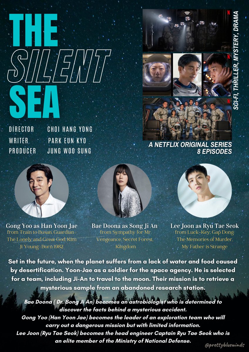 𝗧𝗛𝗘 𝗦𝗜𝗟𝗘𝗡𝗧 𝗦𝗘𝗔 (2021)

— Starring: Gong Yoo, Bae Doona, Lee Joon, Kim Sun Young, Lee Mu Saeng
— Available on Netflix on December 24

#고요의바다 #TheSilentSea 
#BaeDooNa #GongYoo #LeeJoon  #KimSunYoung #LeeMuSaeng