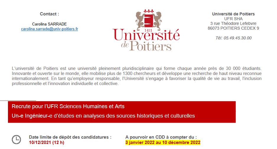 Vous aviez toujours rêvé de travailler à la photothèque du CESCM ? C'est l'occasion, un poste d'ingénieur d'études est disponible à partir de janvier 2022.

univ-poitiers.fr/documents/1ar0…